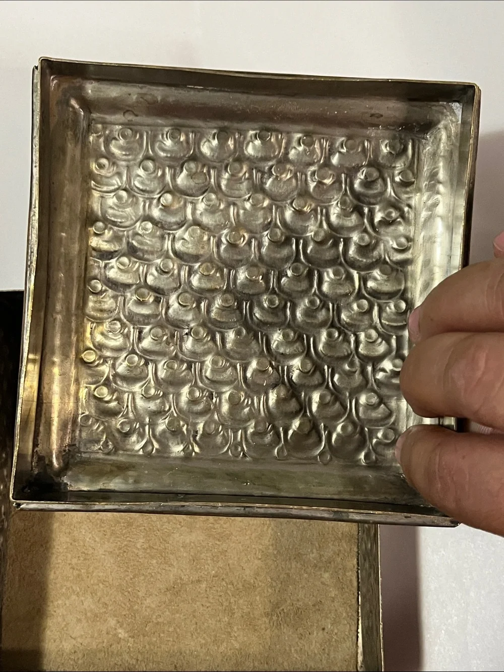 Antique Gold and Tan Embossed Metal Vanity Slide Box